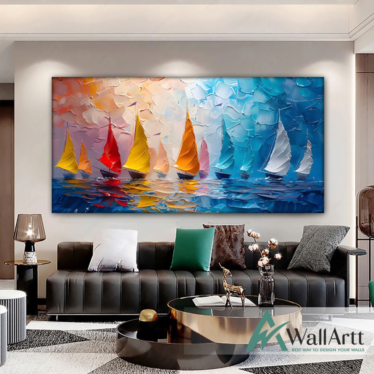 Abstract Sailboats 3d Heavy Textured Partial Oil Painting - Wall Art